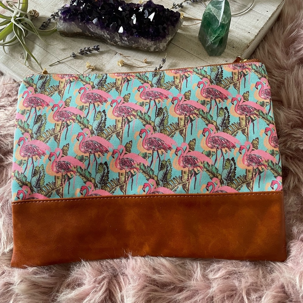 Canvas Flamingo Print And Pleather Clutch
